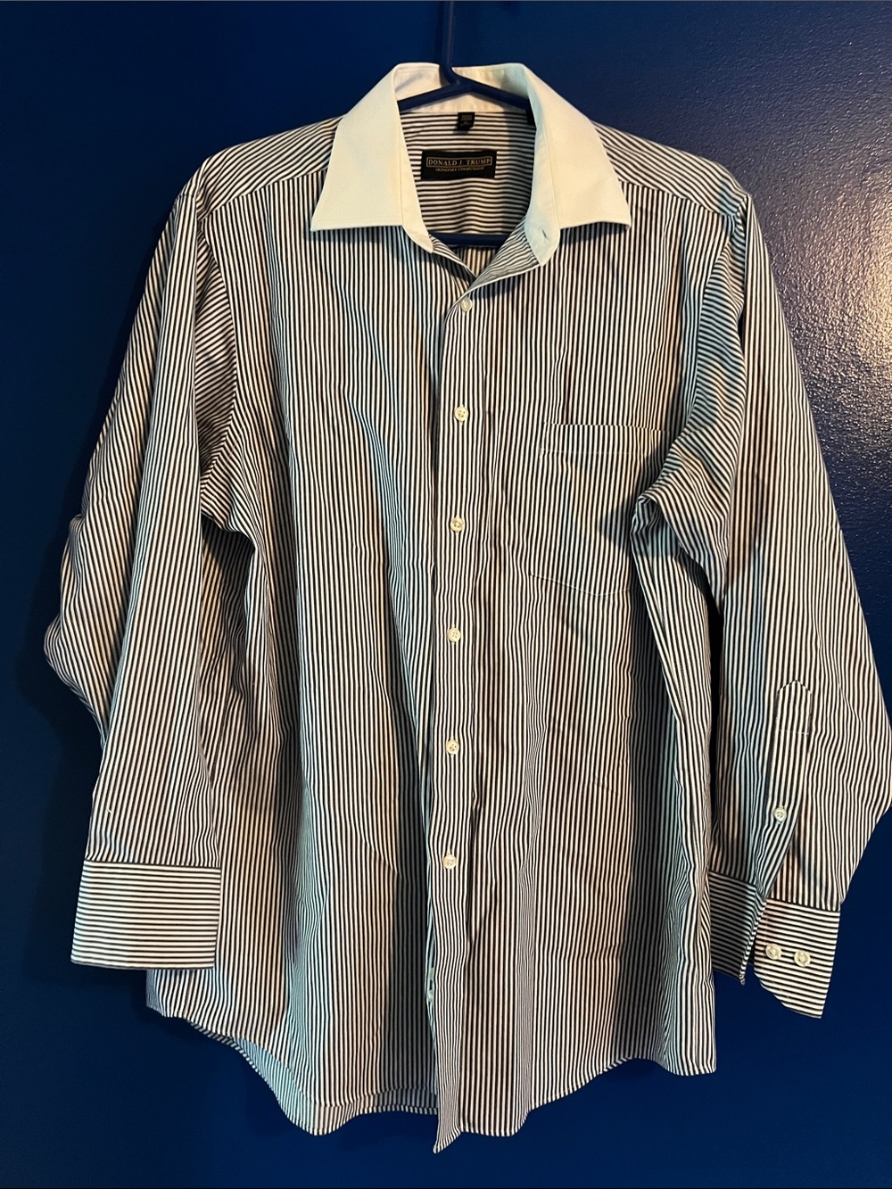 Men's Blue Pinstripe Dress Shirt with White Contrast Collar 100% Cotton